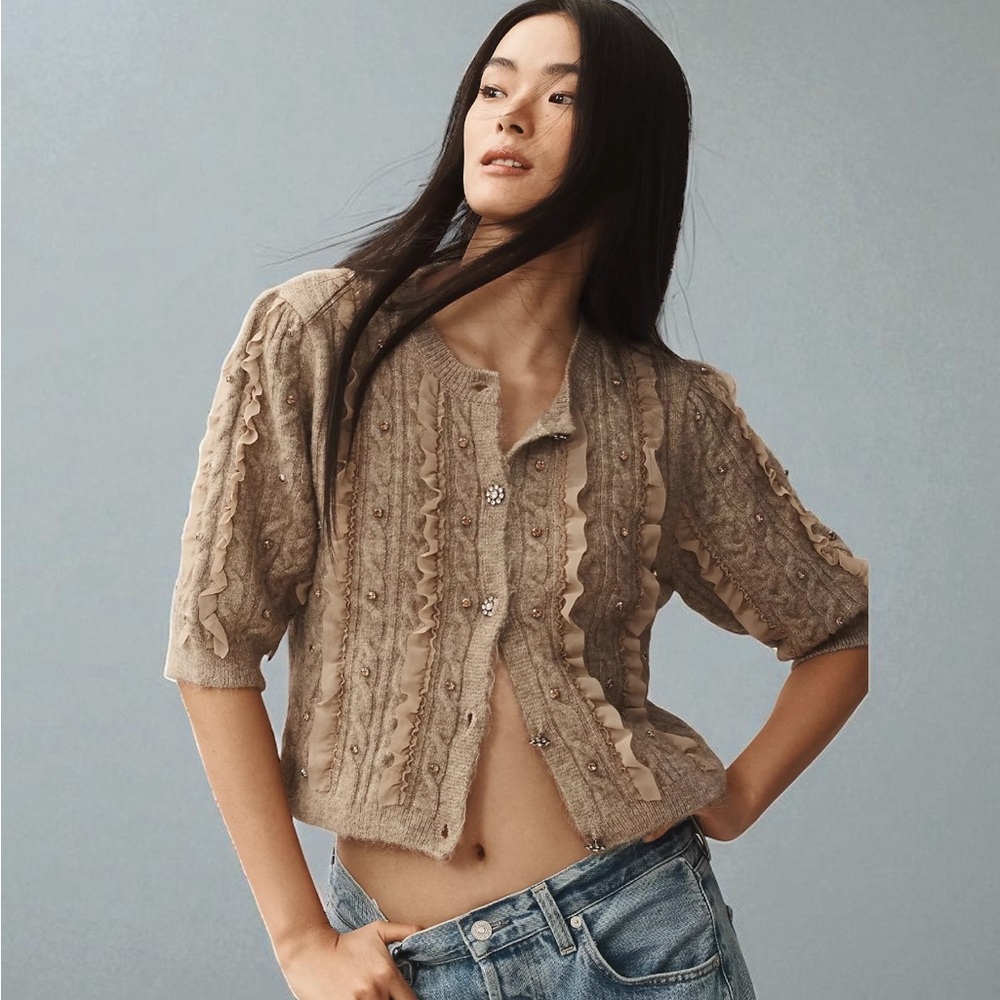 NWT MAEVE (S) Short-Sleeve Embellished Ruffled Cardigan Sweater Taupe Stretch - Picture 14 of 14